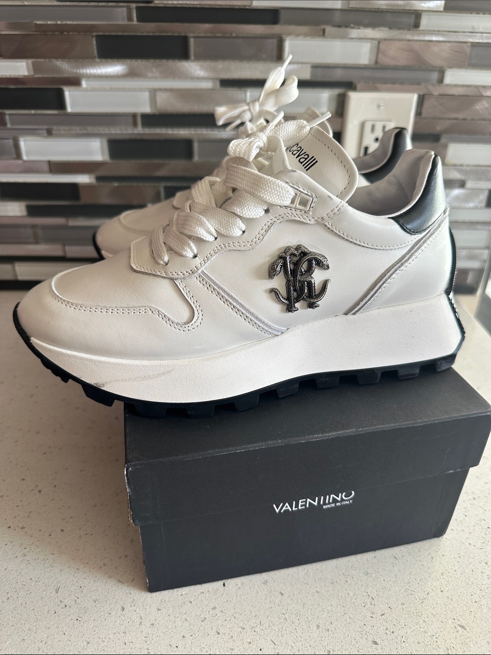 Valentino White Leather Platform Sneakers with Black Heel and Silver Logo